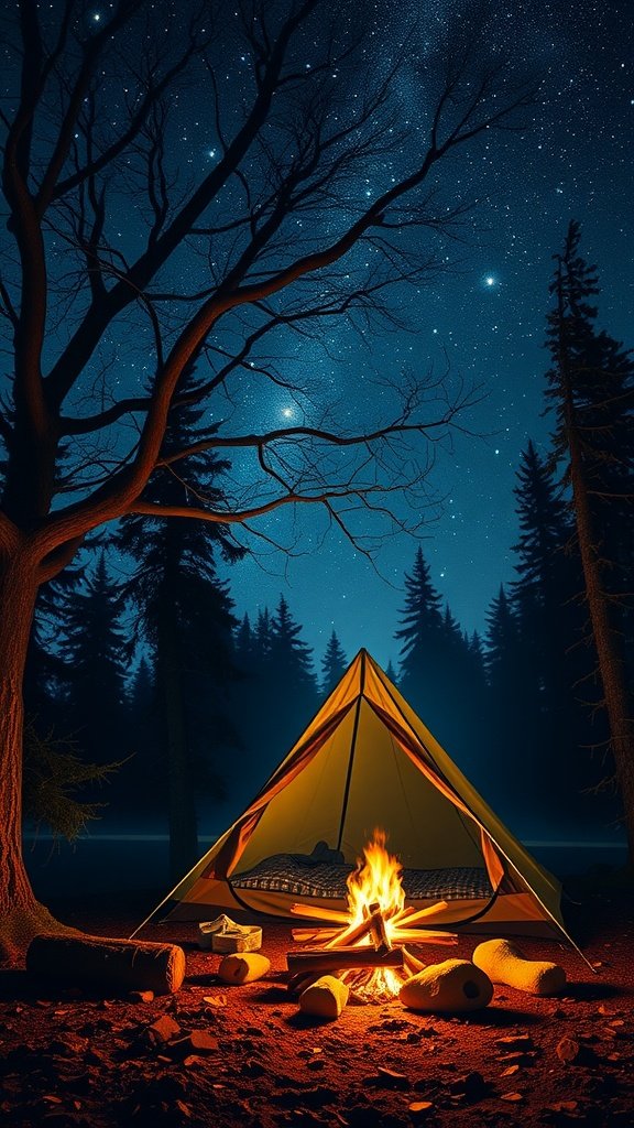 A yellow camping tent by a campfire under a starry night sky, surrounded by trees.
