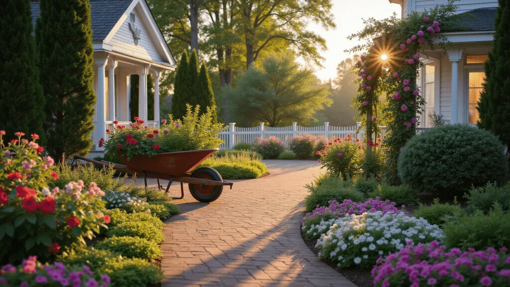 Photorealistic front yard garden at sunset, featuring a curved brick pathway, white farmhouse porch, mature evergreens, flowering hydrangeas and roses, purple creeping phlox, and a vintage wheelbarrow with geraniums and petunias, all bathed in warm golden hour light.