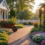 Photorealistic front yard garden at sunset, featuring a curved brick pathway, white farmhouse porch, mature evergreens, flowering hydrangeas and roses, purple creeping phlox, and a vintage wheelbarrow with geraniums and petunias, all bathed in warm golden hour light.