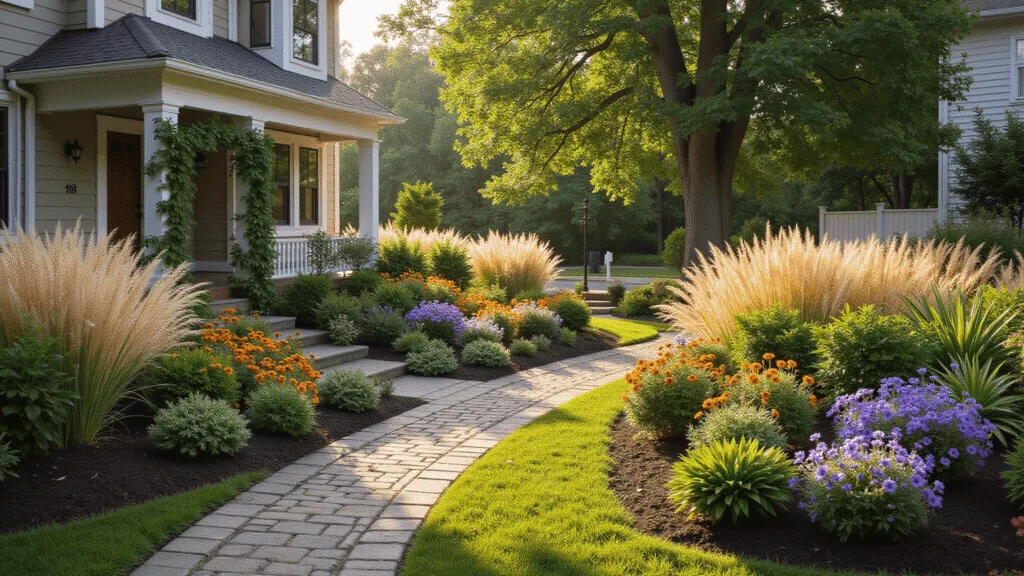 Aerial view of a vibrant front yard garden featuring blooming Black-eyed Susans, Daylilies, and purple Coneflowers, with ornamental grasses, a cobblestone pathway, a craftsman-style home, and climbing roses on a white picket fence, captured in golden hour lighting with dewdrops visible.