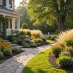 Aerial view of a vibrant front yard garden featuring blooming Black-eyed Susans, Daylilies, and purple Coneflowers, with ornamental grasses, a cobblestone pathway, a craftsman-style home, and climbing roses on a white picket fence, captured in golden hour lighting with dewdrops visible.