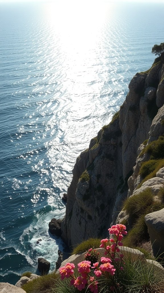 A coastal cliff with flowers and sparkling water