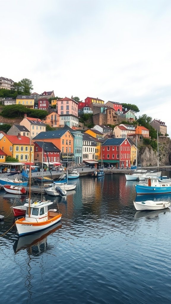 A colorful coastal town with vibrant houses and boats on calm water, perfect for summer wallpaper.