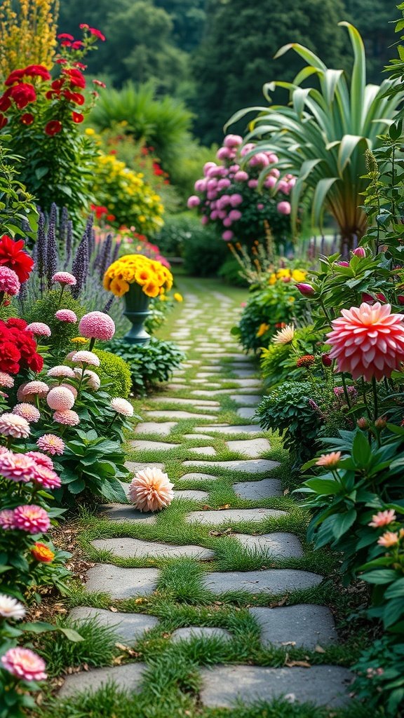A charming garden pathway surrounded by colorful flowers and greenery