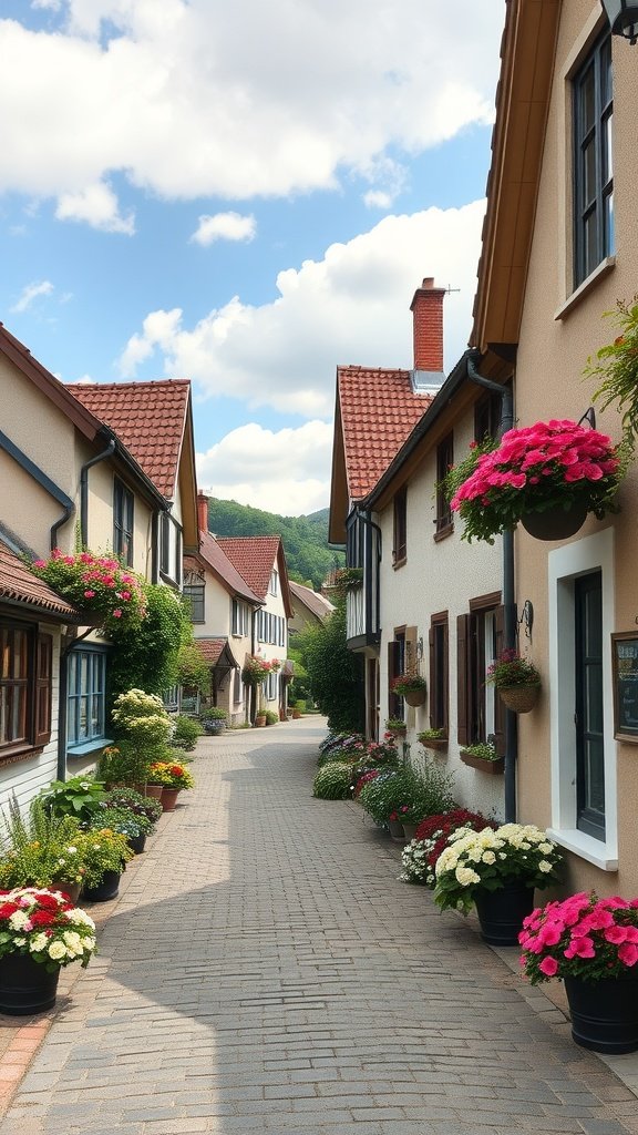 A charming village street with colorful flower pots, beautiful houses, and a blue sky.