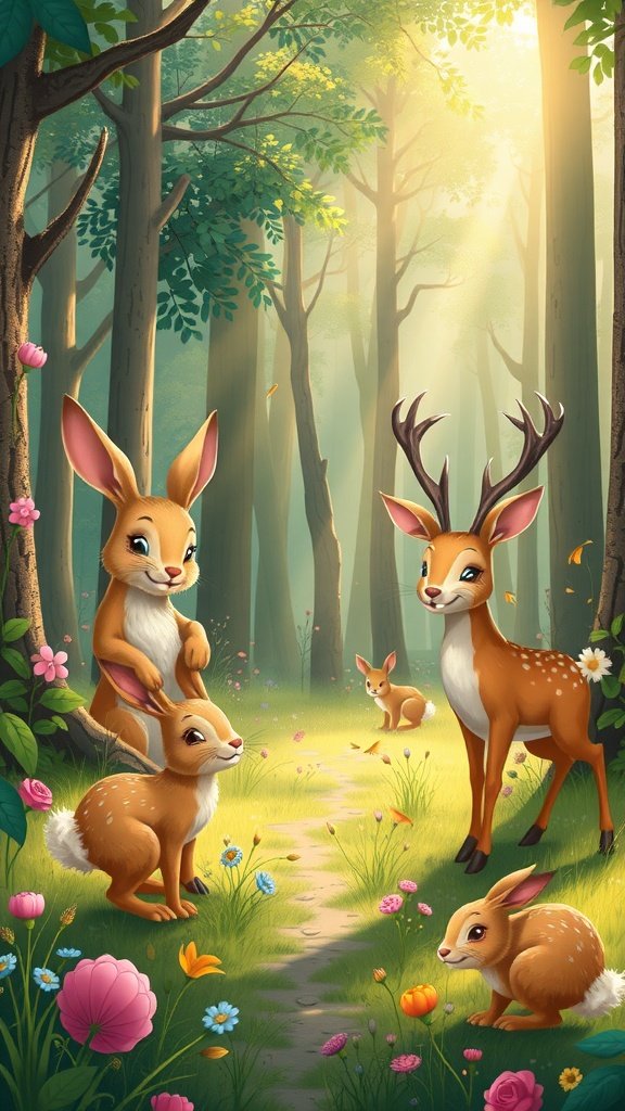 Charming woodland scene with rabbits and deer in a sunlit forest
