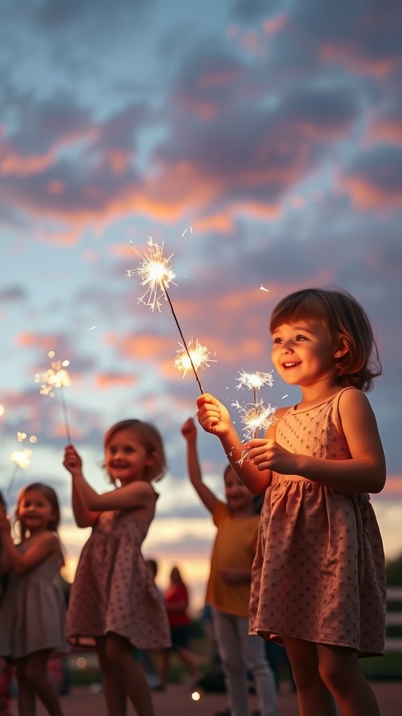 Children holding sparklers at dusk with a colorful sky
