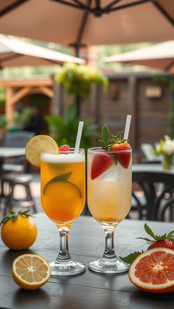 Two chilled summer drinks with fruits and mint on a table