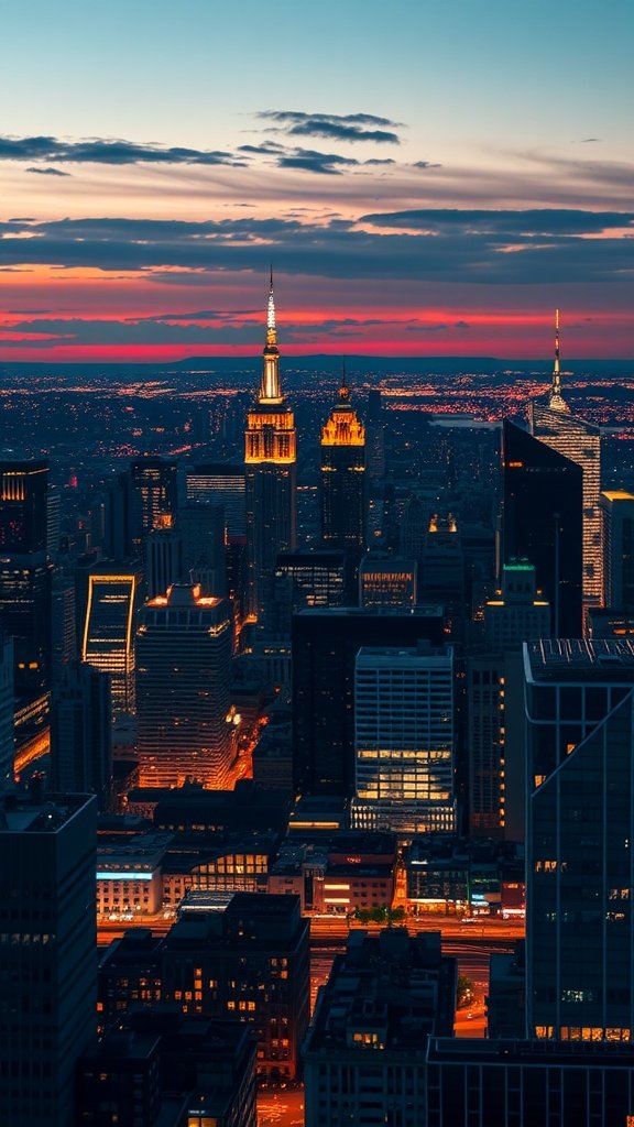 A city skyline illuminated at dusk with vibrant clouds and traffic lights