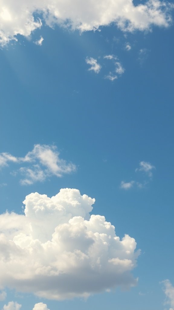 A clear blue sky with fluffy white clouds