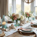 A sun-drenched coastal dining room featuring a weathered oak table adorned with white linen, ocean-blue ceramic plates, coral linen napkins, glass hurricane lanterns, seashells, driftwood, and floral arrangements of hydrangeas and garden roses, all under a vintage brass chandelier.