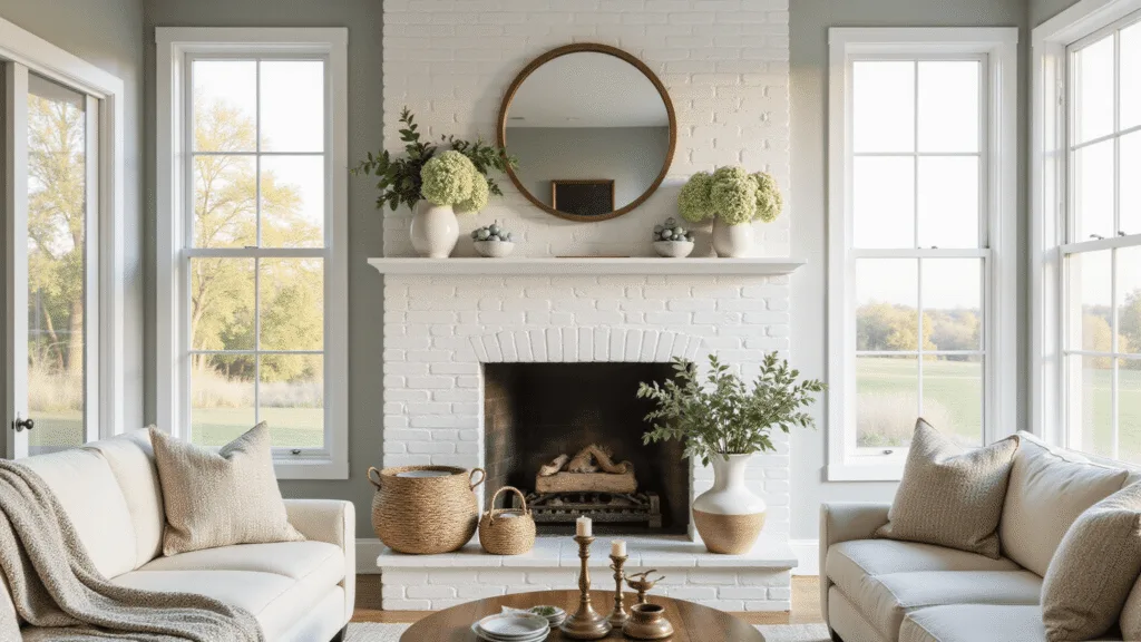 A bright, airy coastal living room featuring a white brick fireplace with a brass-framed mirror, flanked by ceramic vases of hydrangeas and eucalyptus, set in golden hour lighting with natural decor elements.