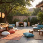 A luxurious outdoor summer party setting at golden hour, featuring a stylish dining area with a farmhouse table, elegant decor, and ambient lighting, surrounded by modern lounge furniture, tropical plants, and warm fairy lights.