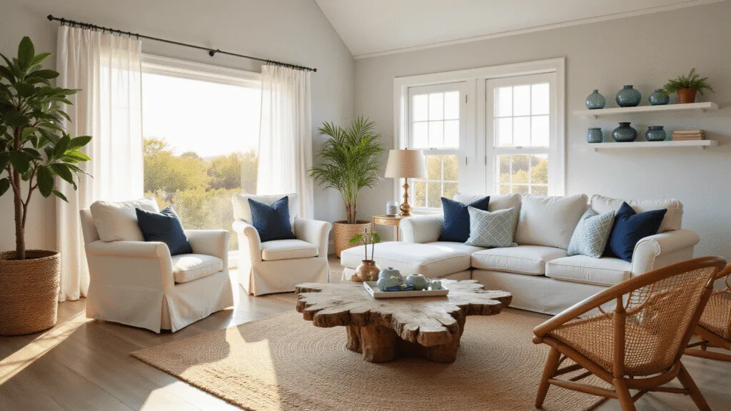 Photorealistic interior of a sunlit coastal living room featuring a plush ivory sofa with textured pillows, natural jute rug, driftwood coffee table, vintage blue glass floats, rattan chairs, and large windows with gauzy curtains, enhanced by brass accents and a potted palm, all bathed in warm golden hour lighting.