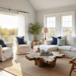 Photorealistic interior of a sunlit coastal living room featuring a plush ivory sofa with textured pillows, natural jute rug, driftwood coffee table, vintage blue glass floats, rattan chairs, and large windows with gauzy curtains, enhanced by brass accents and a potted palm, all bathed in warm golden hour lighting.