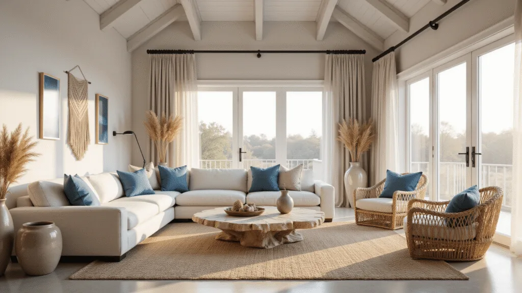 Photorealistic interior of a sunlit coastal living room featuring a vaulted ceiling, ivory sectional sofa with ocean-blue pillows, layered rugs, rattan chairs, and driftwood coffee table, illuminated by golden hour light through sheer curtains.