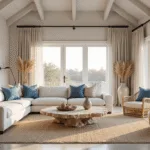 Photorealistic interior of a sunlit coastal living room featuring a vaulted ceiling, ivory sectional sofa with ocean-blue pillows, layered rugs, rattan chairs, and driftwood coffee table, illuminated by golden hour light through sheer curtains.