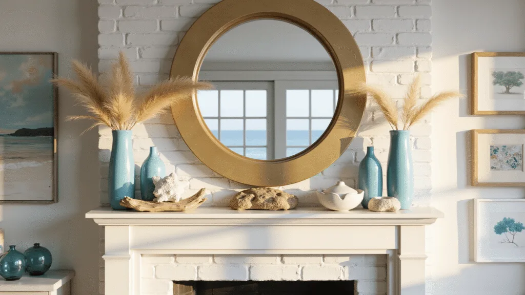 An elegant coastal living room at golden hour, featuring a white limestone fireplace mantle adorned with coral and blue glass vessels, a large brass mirror, and textured decor, captured in soft natural light.
