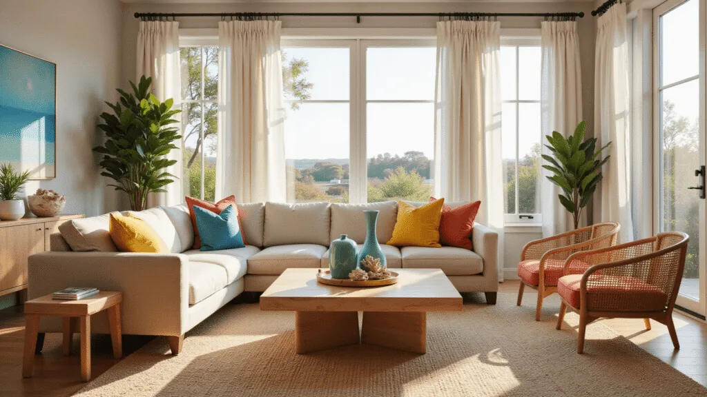 A bright, airy coastal living room featuring a modern oatmeal linen sectional with colorful throw pillows, a bleached wood coffee table, and rattan chairs, bathed in golden hour sunlight streaming through large windows, showcasing natural textures and coastal decor.