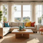 A bright, airy coastal living room featuring a modern oatmeal linen sectional with colorful throw pillows, a bleached wood coffee table, and rattan chairs, bathed in golden hour sunlight streaming through large windows, showcasing natural textures and coastal decor.