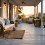 Photorealistic wide shot of a luxurious wraparound porch at sunset, featuring weathered whitewashed floorboards, a vintage rattan swing with blue and white striped cushions, oversized white ceramic planters filled with purple petunias, antique copper lanterns, and macramé plant hangers, all set against craftsman-style columns and white shiplap walls.
