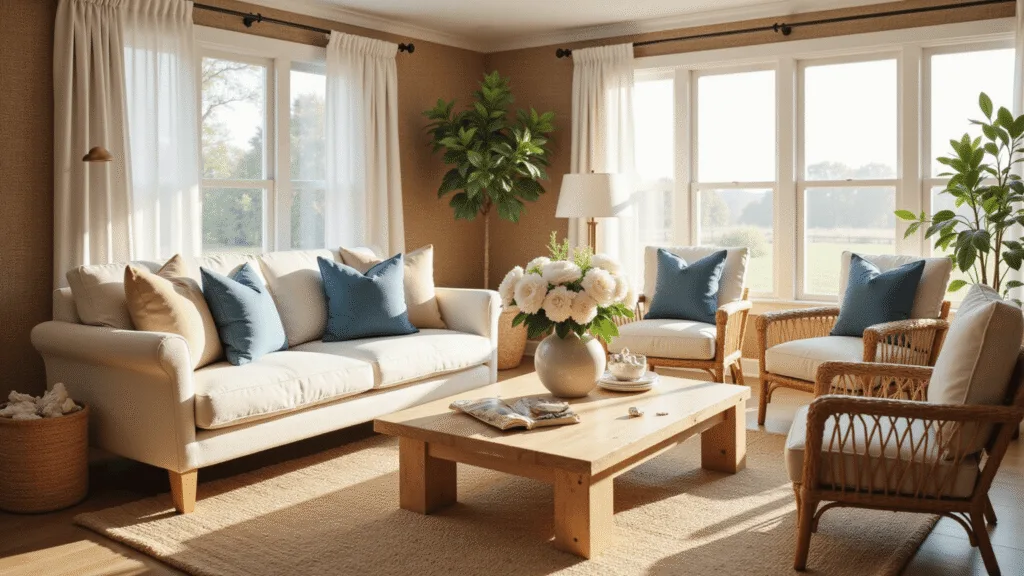 A sun-drenched coastal living room during golden hour, featuring a white linen sofa with azure and sandy beige pillows, natural rattan chairs, a bleached oak coffee table with white peonies, large windows with sheer curtains, and coastal decor accents.