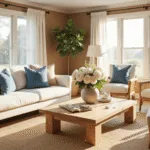 A sun-drenched coastal living room during golden hour, featuring a white linen sofa with azure and sandy beige pillows, natural rattan chairs, a bleached oak coffee table with white peonies, large windows with sheer curtains, and coastal decor accents.