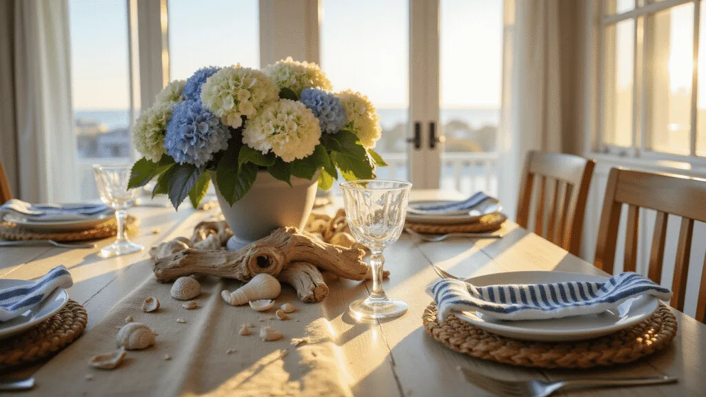 A sunlit coastal dining room at golden hour featuring a weathered teak table with layered place settings, a natural linen runner, white ceramic plates on rattan chargers, a centerpiece of fresh hydrangeas and driftwood, and large windows with sheer curtains.