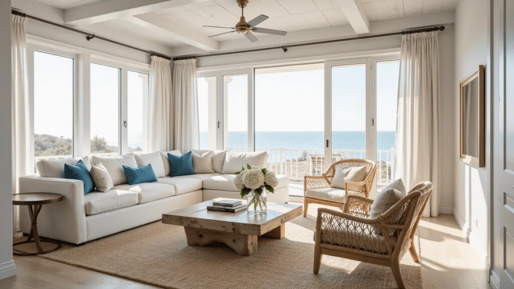 A photorealistic interior view of an expansive coastal living room bathed in soft natural light, featuring a white sectional sofa with azure and sandy beige pillows, rattan accent chairs, a driftwood coffee table with white hydrangeas, and a sisal rug, all under a high coffered ceiling and whitewashed walls.