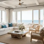 A photorealistic interior view of an expansive coastal living room bathed in soft natural light, featuring a white sectional sofa with azure and sandy beige pillows, rattan accent chairs, a driftwood coffee table with white hydrangeas, and a sisal rug, all under a high coffered ceiling and whitewashed walls.