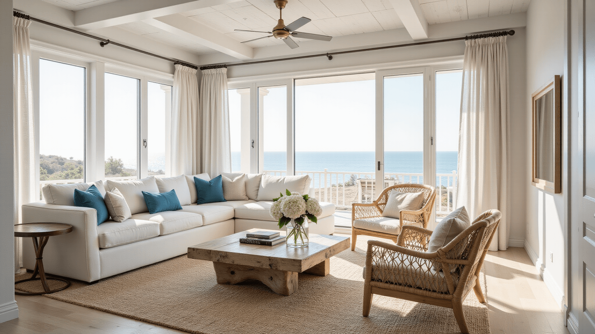 A photorealistic interior view of an expansive coastal living room bathed in soft natural light, featuring a white sectional sofa with azure and sandy beige pillows, rattan accent chairs, a driftwood coffee table with white hydrangeas, and a sisal rug, all under a high coffered ceiling and whitewashed walls.