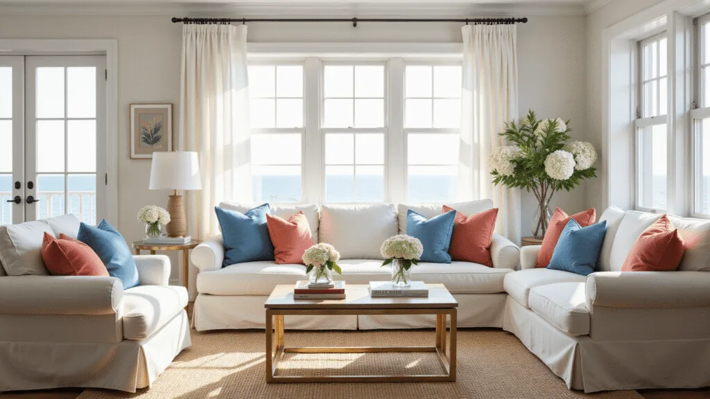 Hyperrealistic image of a sun-drenched coastal living room featuring a white linen sofa with coral and azure pillows, large bay windows, a jute rug, brass accents, and fresh white hydrangeas, showcasing a perfect blend of cool ocean blues and warm sandy neutrals.
