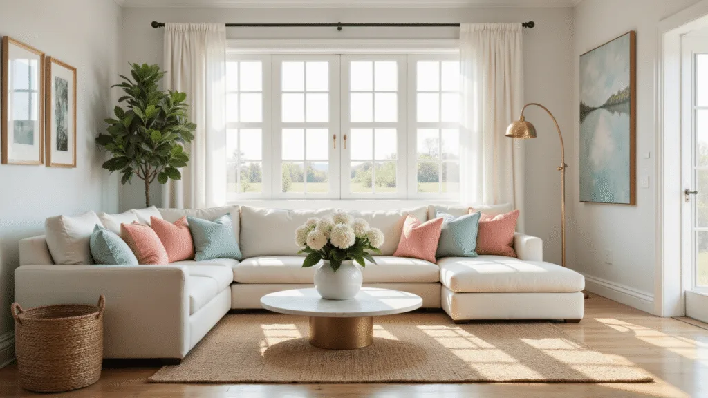 A bright and airy coastal living room featuring a cream bouclé sofa with seafoam blue and coral pink pillows, a marble coffee table with white hydrangeas, and a fiddle leaf fig in a basket, all illuminated by natural light through sheer curtains.
