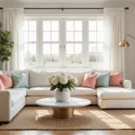 A bright and airy coastal living room featuring a cream bouclé sofa with seafoam blue and coral pink pillows, a marble coffee table with white hydrangeas, and a fiddle leaf fig in a basket, all illuminated by natural light through sheer curtains.