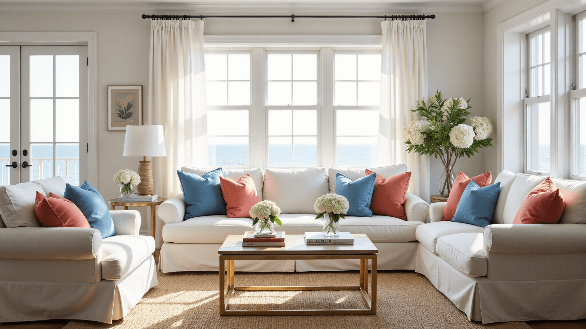 Hyperrealistic image of a sun-drenched coastal living room featuring a white linen sofa with coral and azure pillows, large bay windows, a jute rug, brass accents, and fresh white hydrangeas, showcasing a perfect blend of cool ocean blues and warm sandy neutrals.