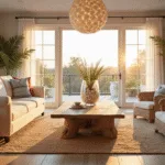 A luxurious coastal living room during golden hour featuring an L-shaped ivory linen sofa, textured throw pillows, rattan accent chairs, a driftwood coffee table, and floor-to-ceiling windows with sheer curtains, illuminated by warm sunset light and decorated with tropical plants and a capiz shell chandelier.