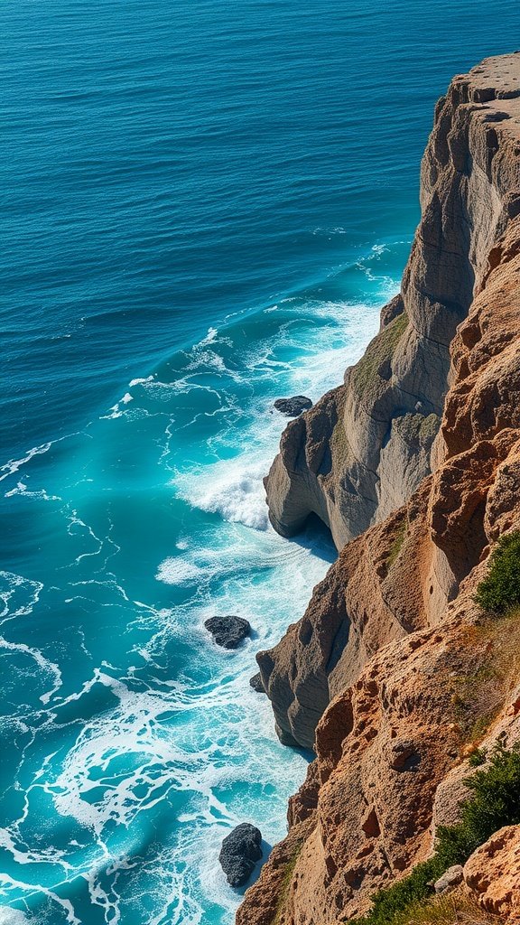Aerial view of coastal cliffs and waves crashing against rocks