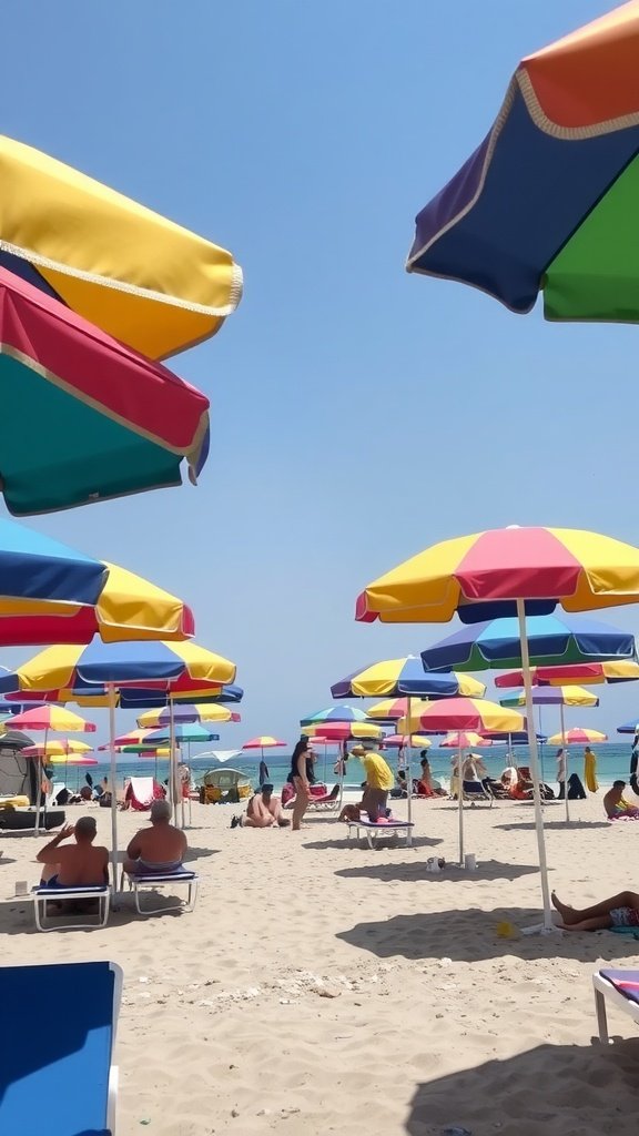Colorful beach umbrellas on a sandy beach with people relaxing