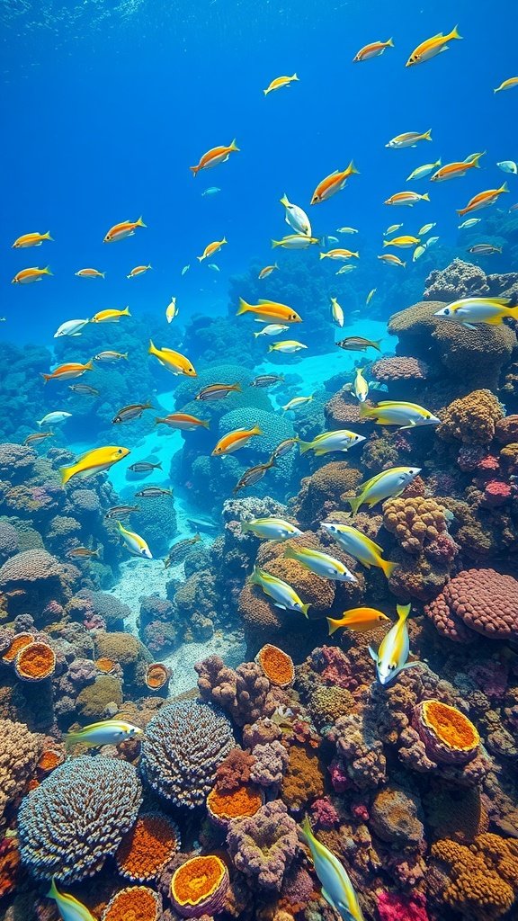 Underwater scene of a colorful coral reef with various fish swimming