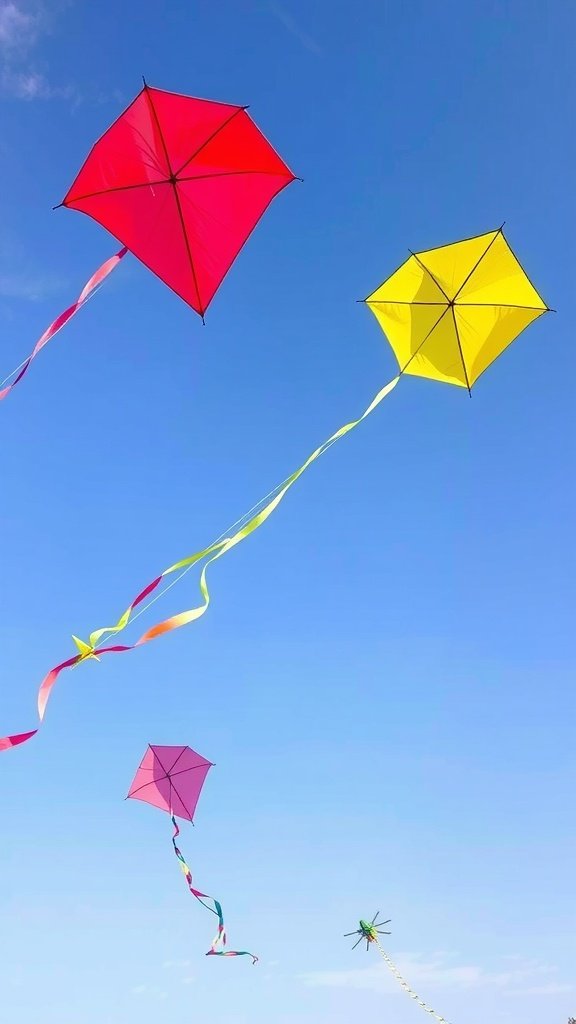 Colorful kites flying in a clear blue sky