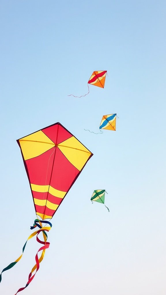 Colorful kites flying in a blue sky