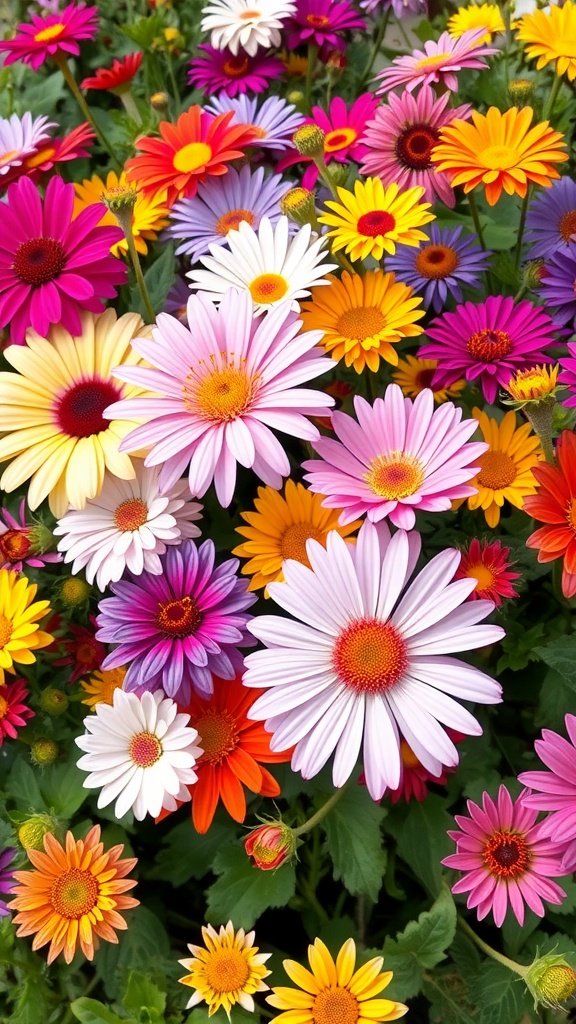 A vibrant mix of colorful flowers in shades of pink, yellow, and purple