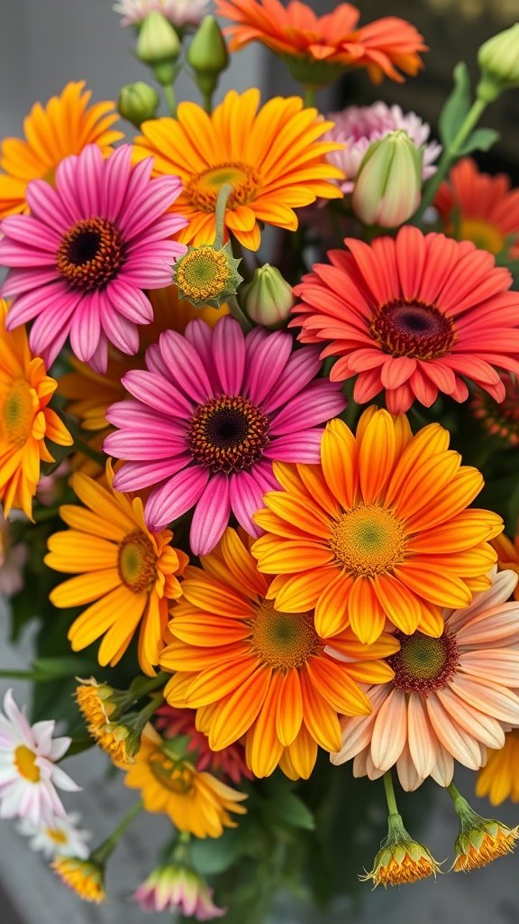 A bouquet of colorful summer flowers with vibrant petals in shades of orange, pink, and yellow.