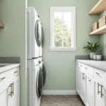 Photorealistic interior of a compact laundry room featuring a white stacked washer-dryer, floor-to-ceiling shaker cabinets, light gray quartz countertop, sage green walls, and a herringbone tile floor, enhanced by natural lighting and minimalist decor.