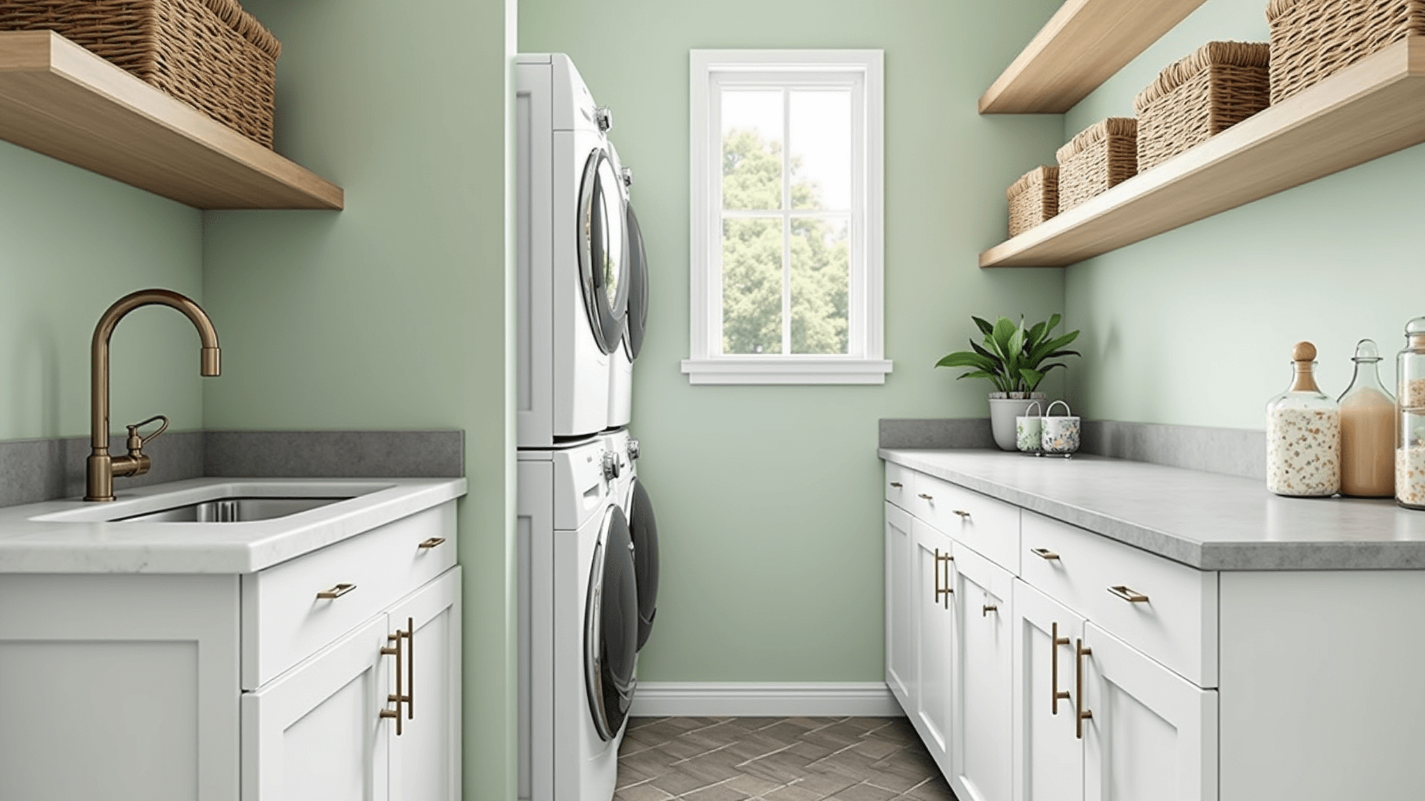 Photorealistic interior of a compact laundry room featuring a white stacked washer-dryer, floor-to-ceiling shaker cabinets, light gray quartz countertop, sage green walls, and a herringbone tile floor, enhanced by natural lighting and minimalist decor.