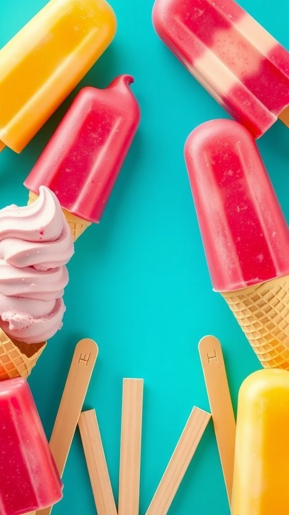 A vibrant arrangement of ice cream cones and popsicles on a blue background, showcasing various flavors.