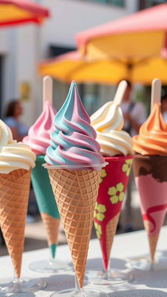 An assortment of colorful ice cream cones displayed under a sunny sky.