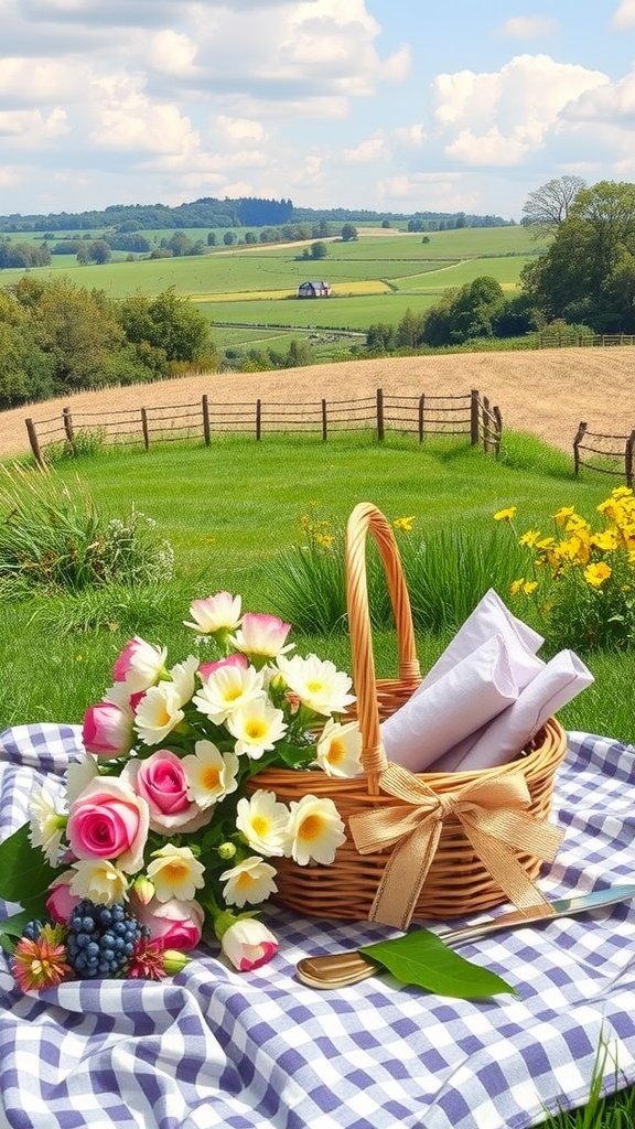 A picnic basket with flowers and napkins on a checkered blanket, set against a picturesque countryside landscape.