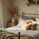 A dreamy teen bedroom at golden hour featuring a vintage brass bed with white linens and pink velvet pillows, surrounded by climbing vine floral wallpaper, natural wood shelves, and soft natural lighting streaming through sheer curtains.