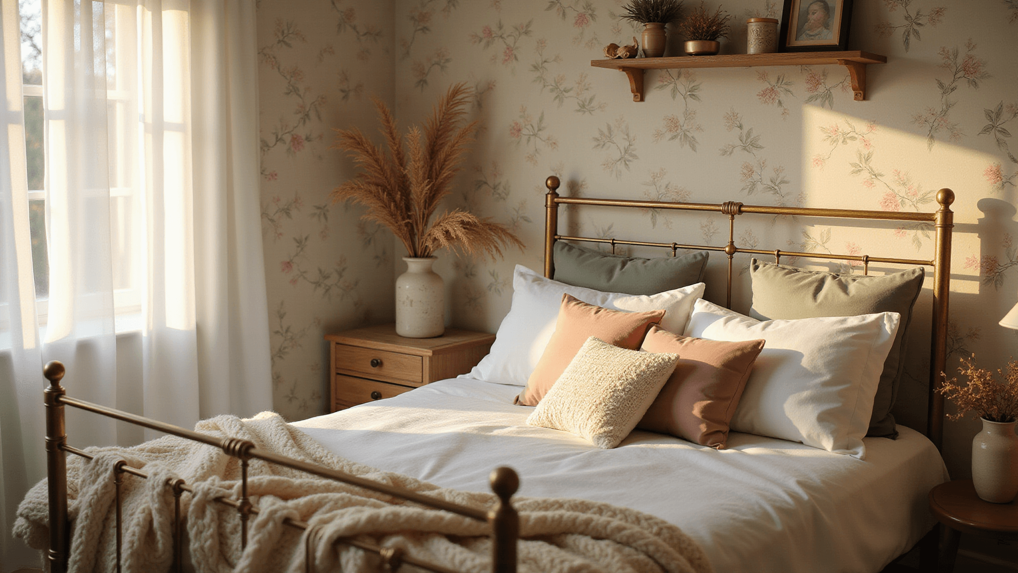 A dreamy teen bedroom at golden hour featuring a vintage brass bed with white linens and pink velvet pillows, surrounded by climbing vine floral wallpaper, natural wood shelves, and soft natural lighting streaming through sheer curtains.